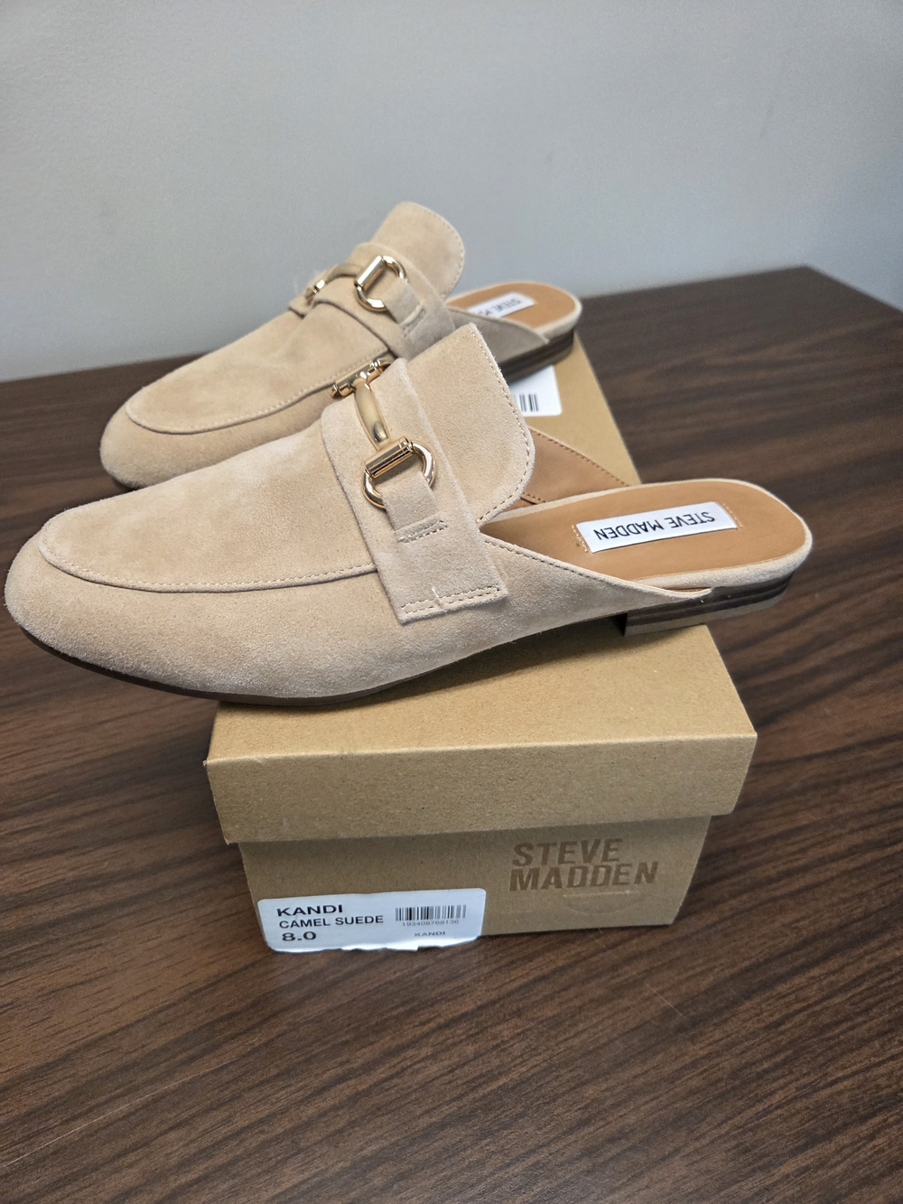 Steve Madden Camel Suede Backless Loafers with Gold Bit